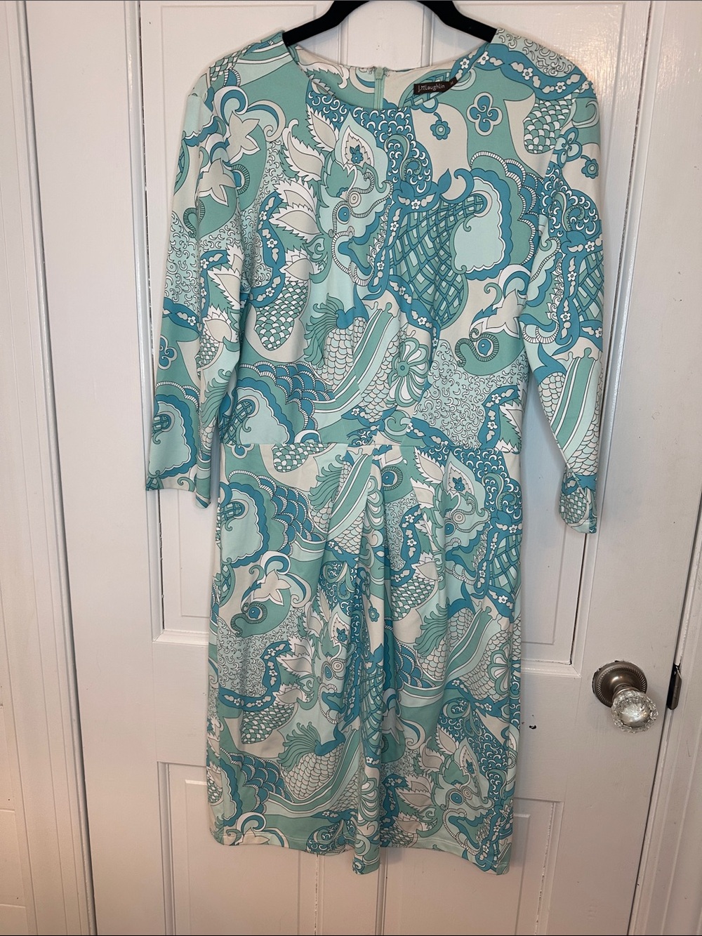 J. McLaughlin Aqua & White Printed Midi Dress size M EUC - Picture 1 of 4